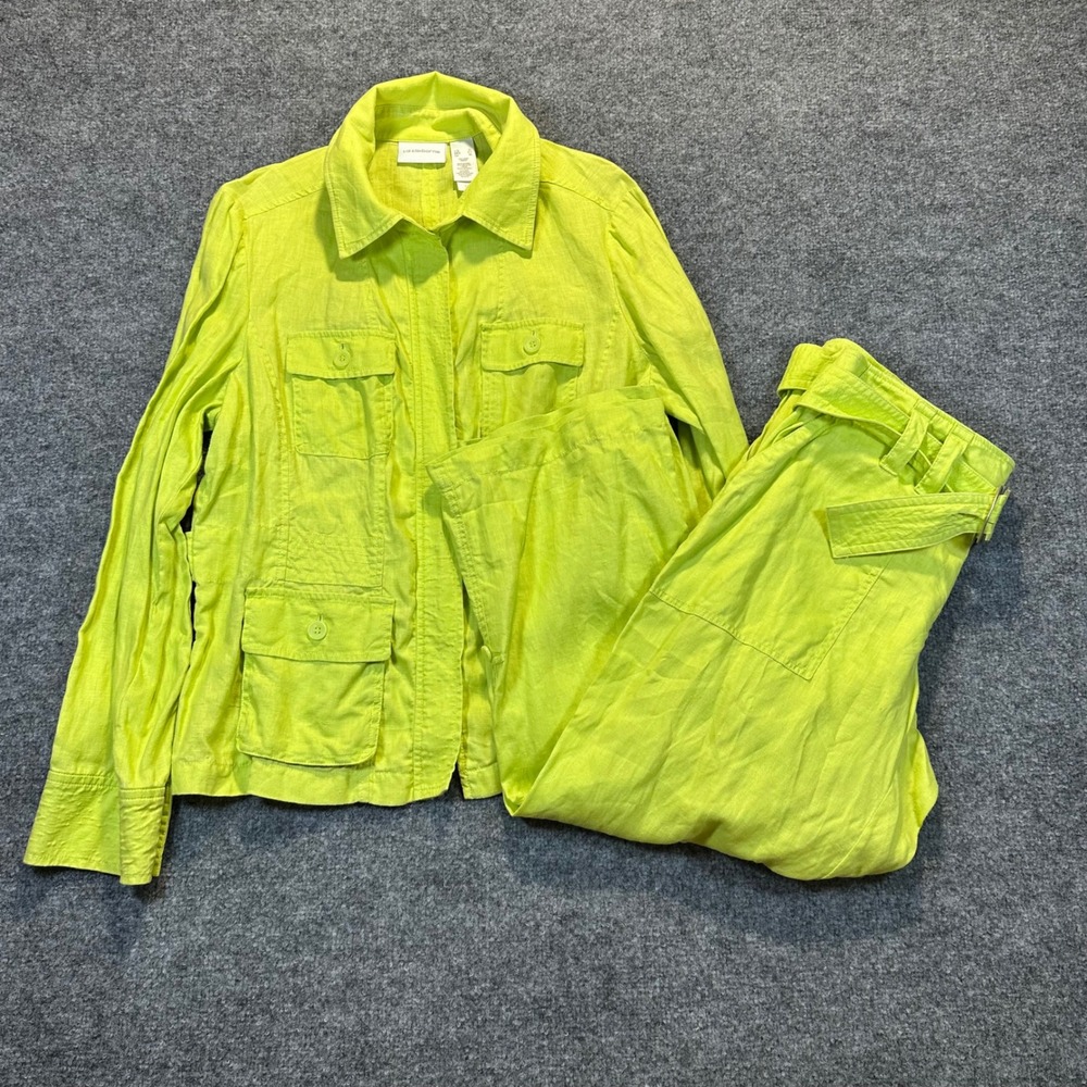 Liz Claiborne Linen Safari Jacket Womens XL Lime Green Neon Utility Coastal Boho